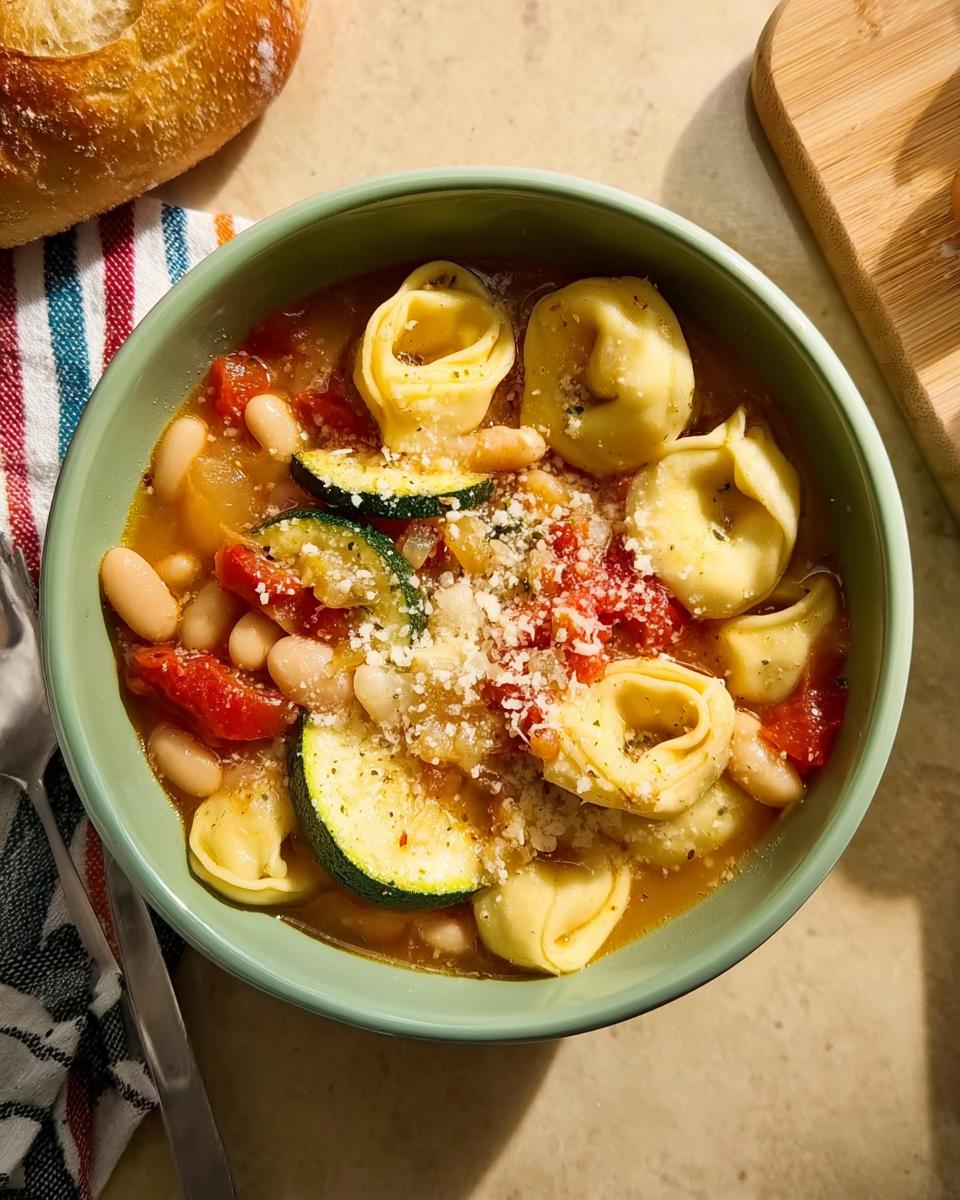A bowl of tortellini soup with white beans, zucchini, tomatoes, and grated cheese, perfect for busy weeknights.