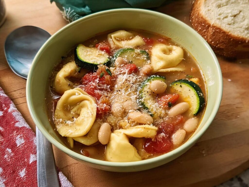 A bowl of tortellini soup with zucchini, tomatoes, and white beans, topped with grated cheese.