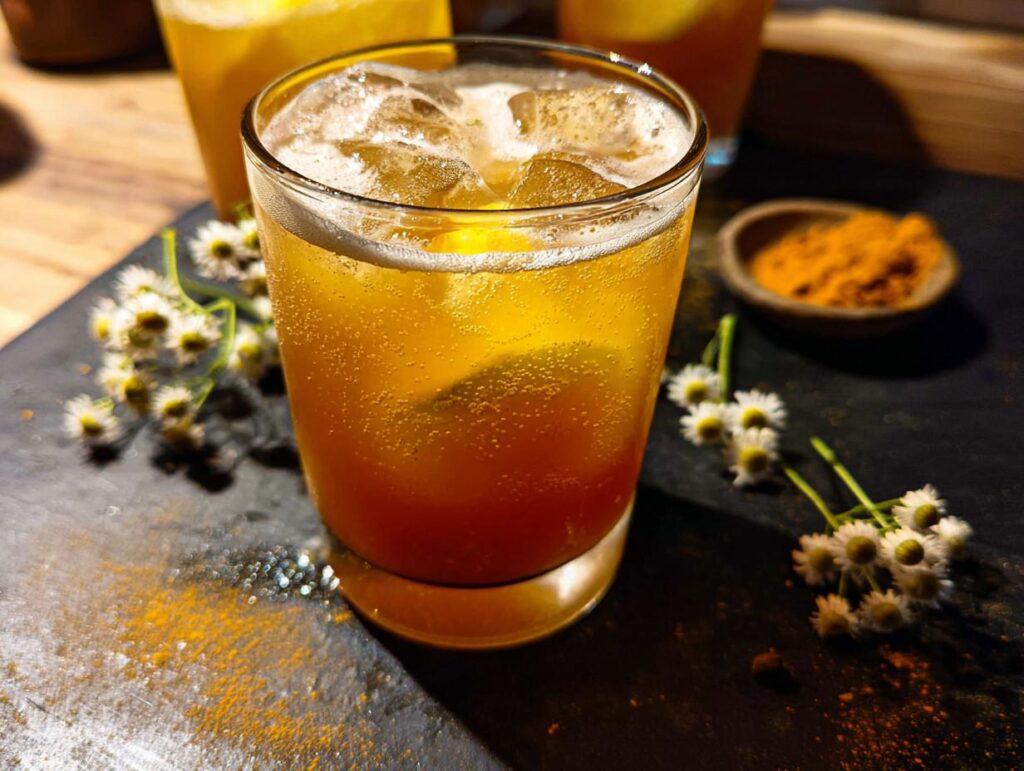 A refreshing turmeric ginger drink with ice and lemon, served with chamomile flowers and a small bowl of turmeric powder.