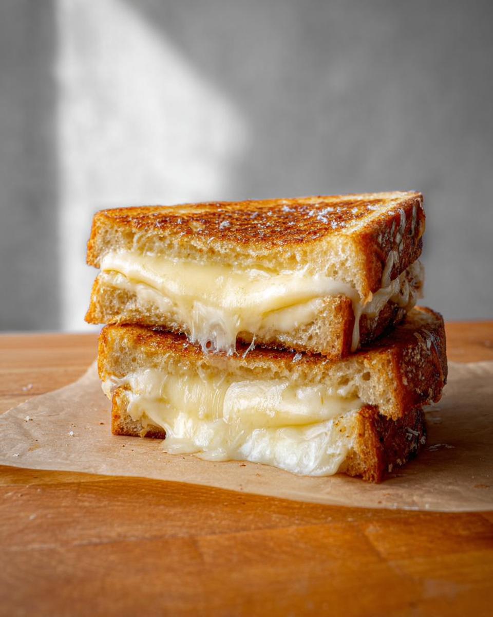 Stack of two perfectly grilled cheese sandwiches, oozing with melted cheese, a beginner-friendly recipe.