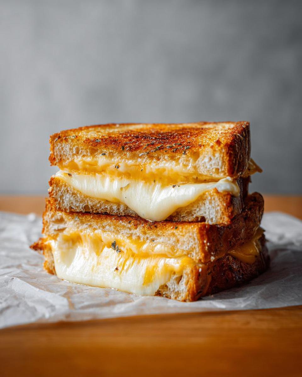 A stack of two perfectly grilled cheese sandwiches with gooey, melted cheese oozing out.