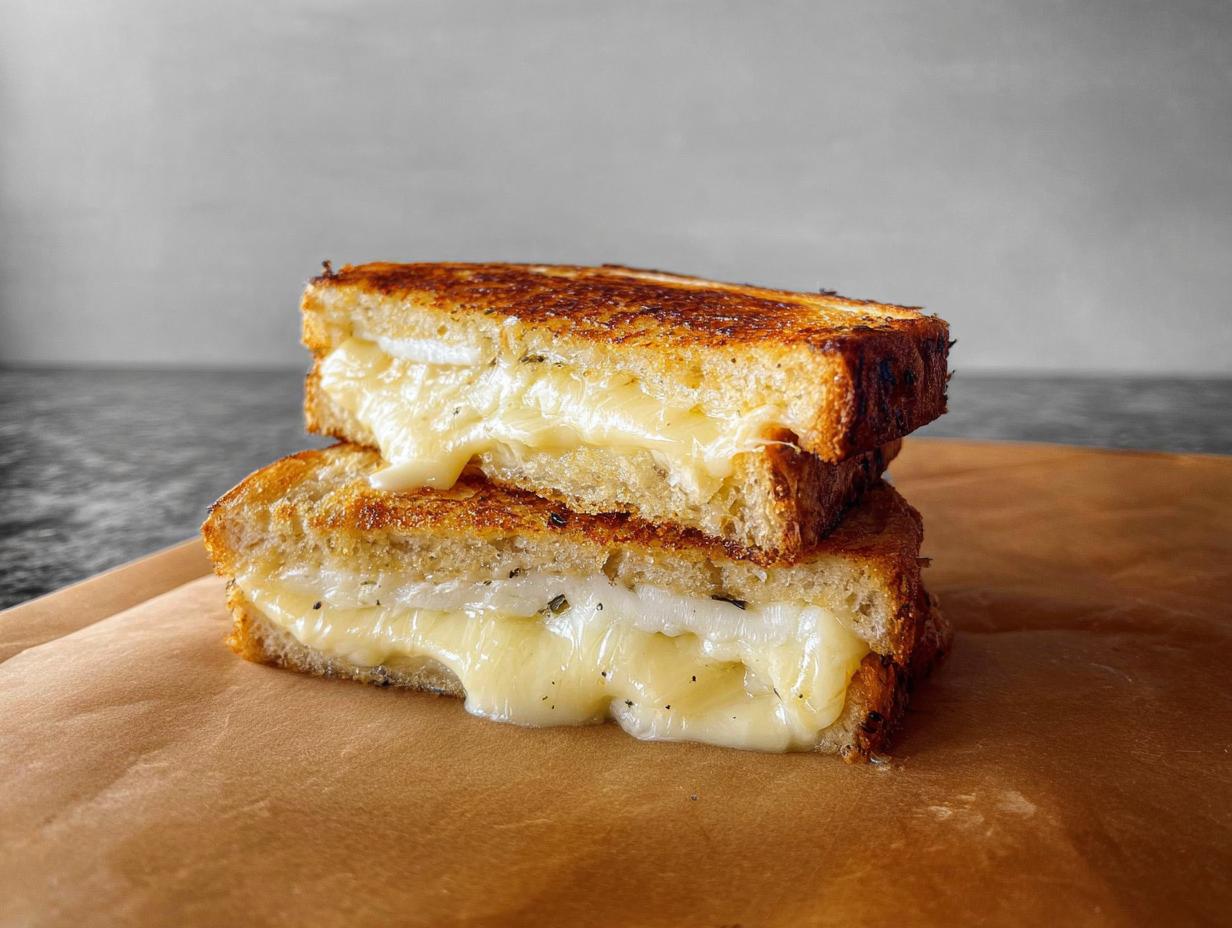 Two halves of a perfectly grilled cheese sandwich stacked, with gooey melted cheese oozing out.