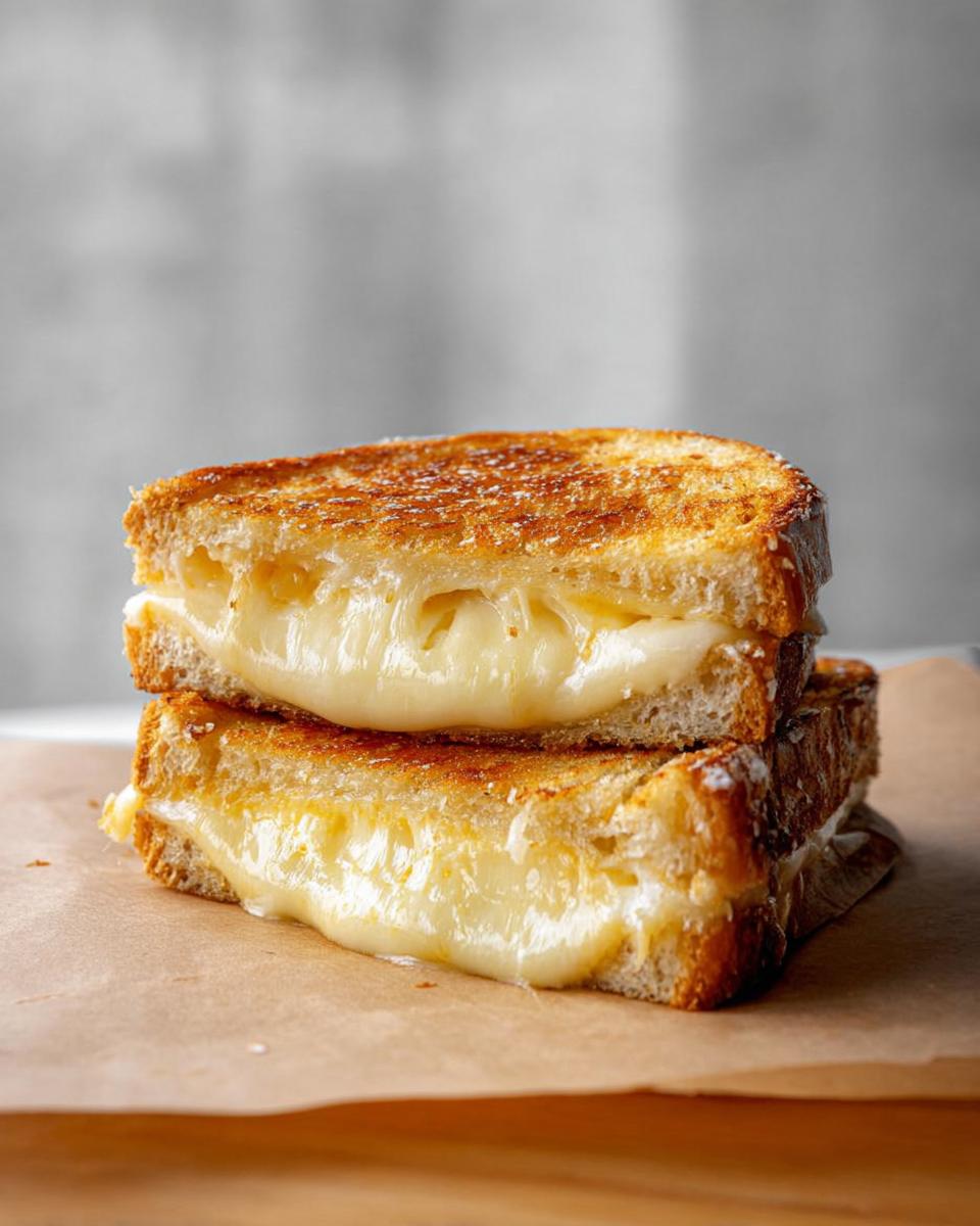 A stack of two golden-brown grilled cheese sandwiches with gooey, melted cheese oozing out.