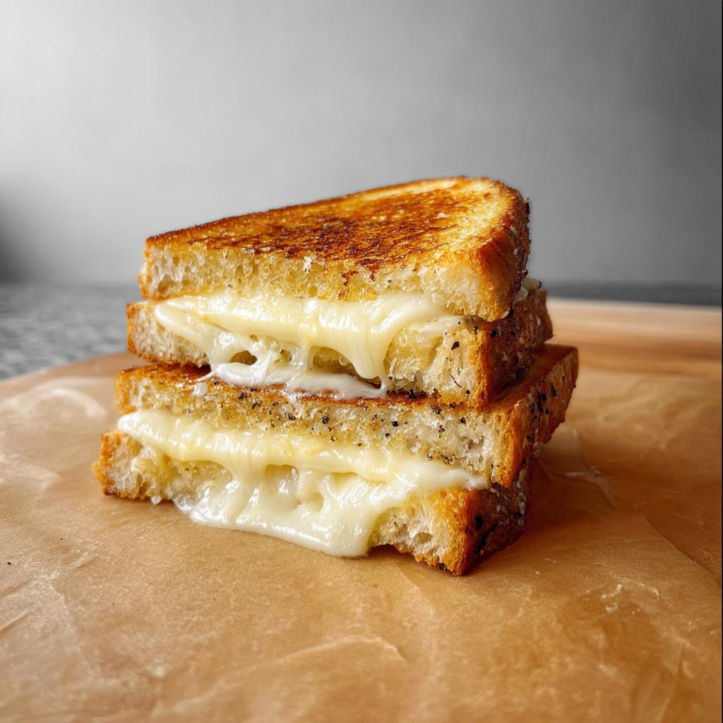 A stack of three perfectly grilled cheese sandwiches with gooey melted cheese oozing out, a beginner's dream.