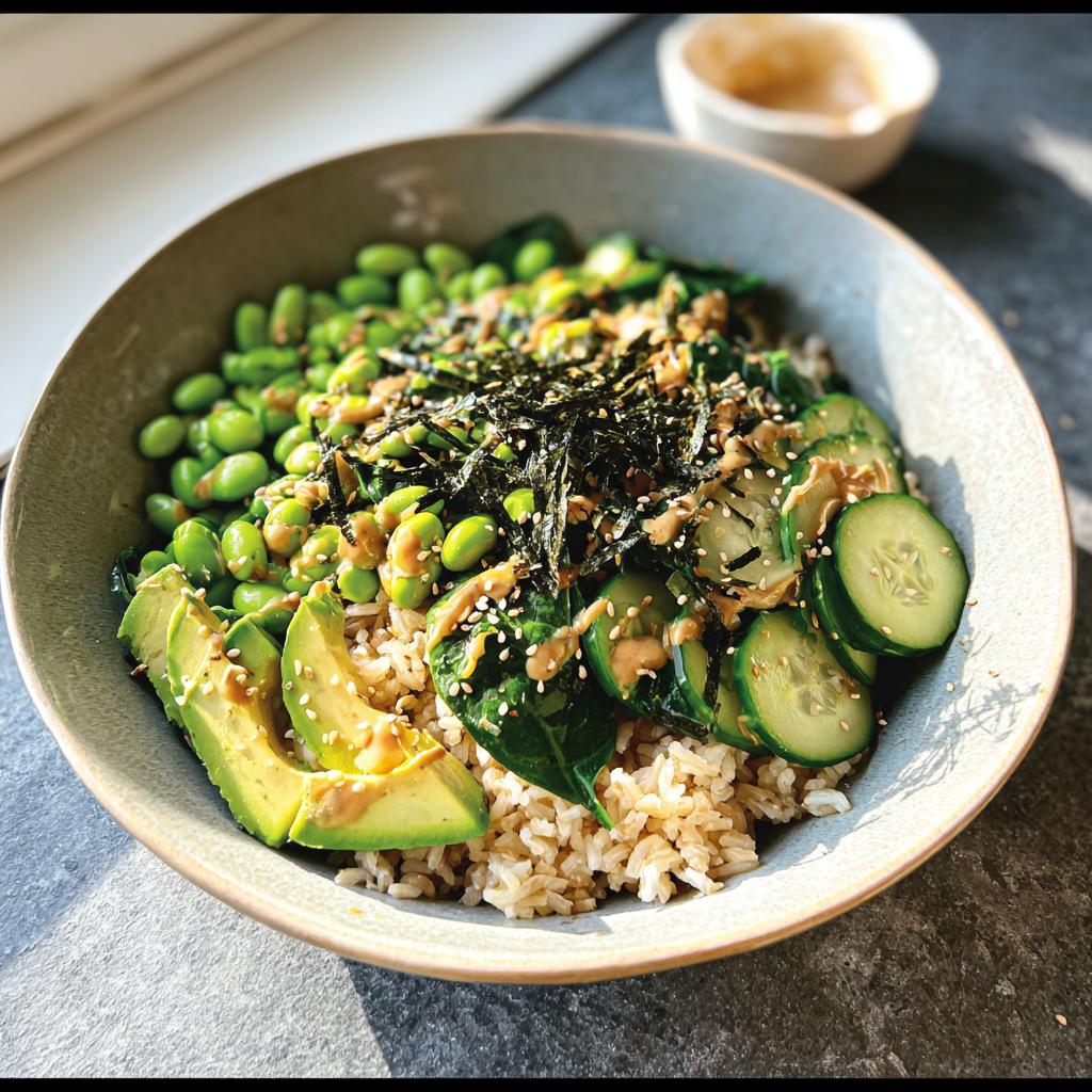 A vibrant and healthy rice bowl recipe for beginners, featuring brown rice, avocado, edamame, cucumber, spinach, and a drizzle of sesame dressing.