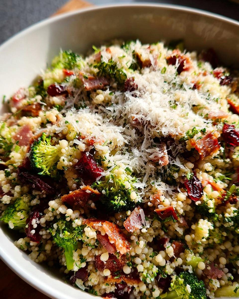 A vibrant bowl of couscous salad featuring broccoli florets, dried cranberries, crispy bacon bits, and grated Parmesan cheese.