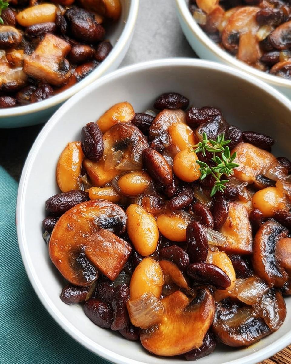 Close-up of a bowl filled with a hearty veggie sides recipe featuring beans, mushrooms, and onions, garnished with fresh thyme.