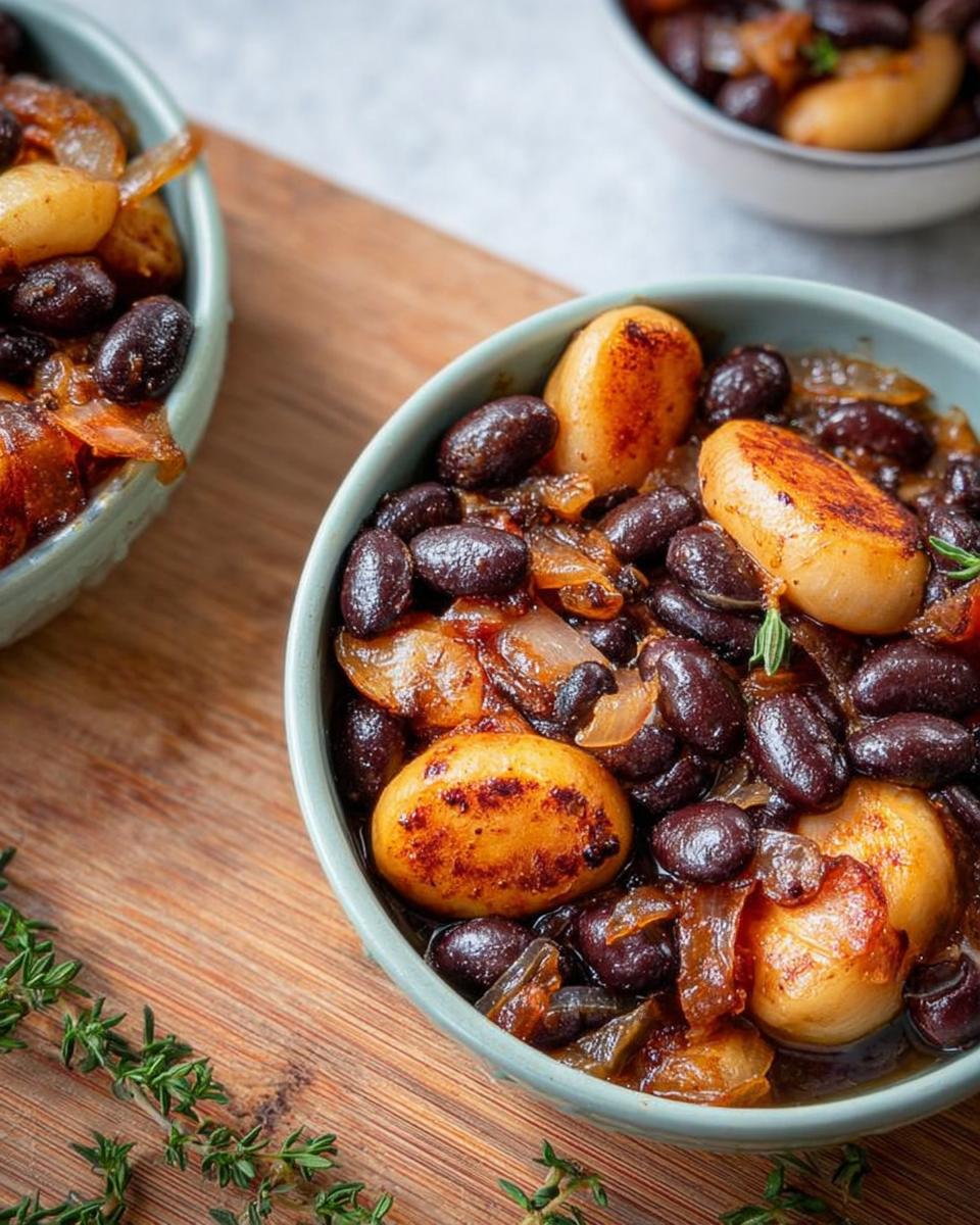 Close-up of a bowl filled with a hearty veggie sides recipe featuring black beans, caramelized onions, and pan-seared potatoes.