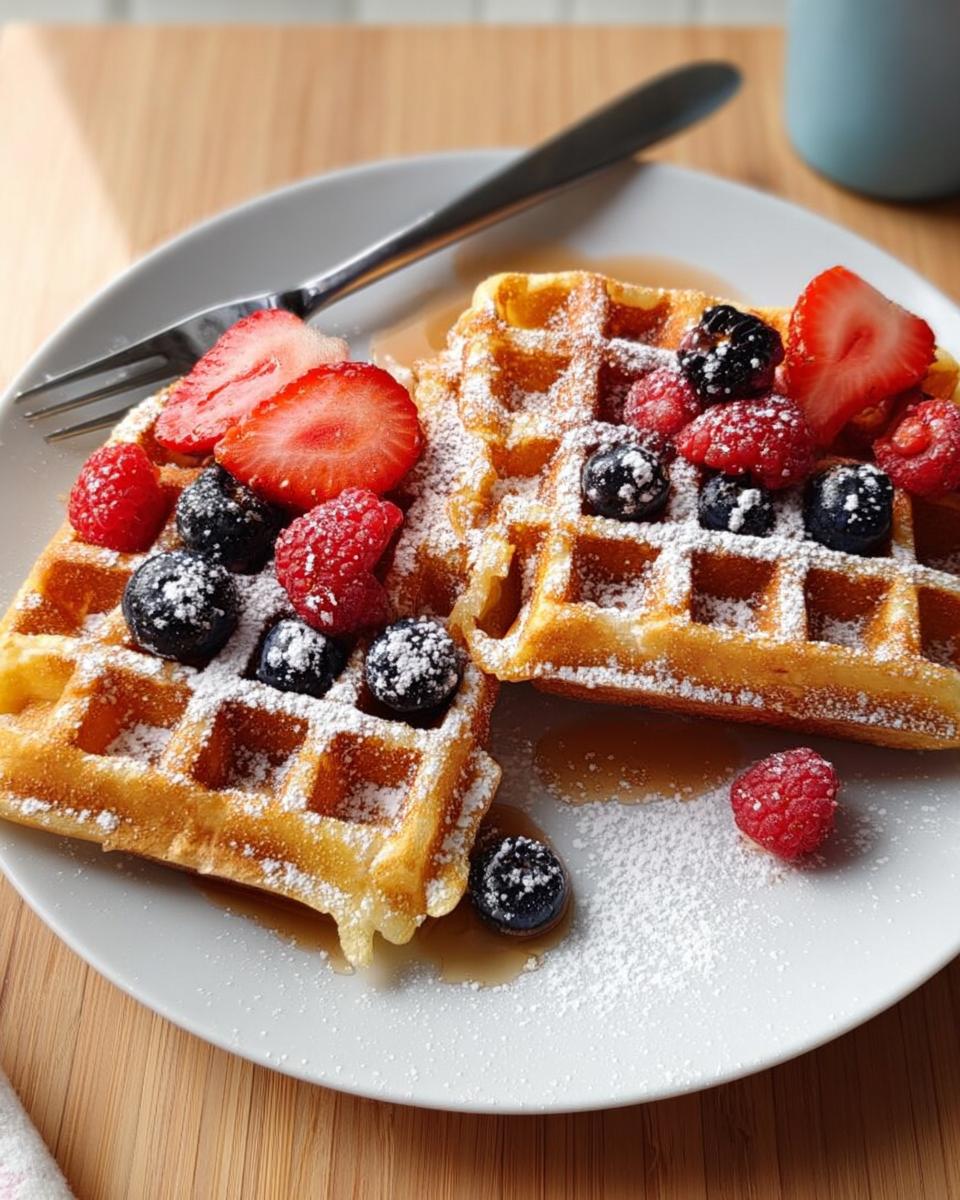Two golden waffles topped with fresh strawberries, blueberries, raspberries, and powdered sugar, perfect for breakfast ideas recipes.