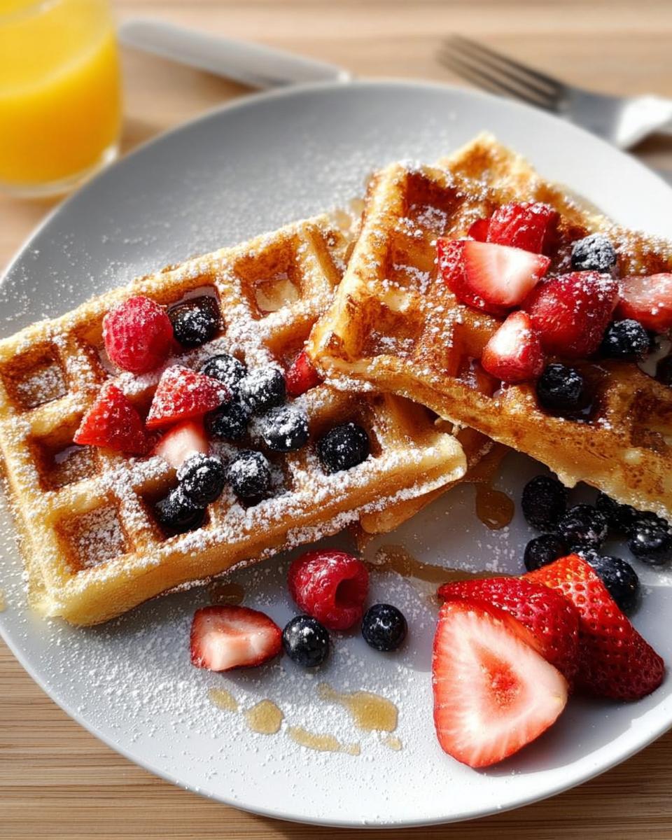 Two golden waffles topped with fresh strawberries, blueberries, raspberries, and powdered sugar. A glass of orange juice is in the background.