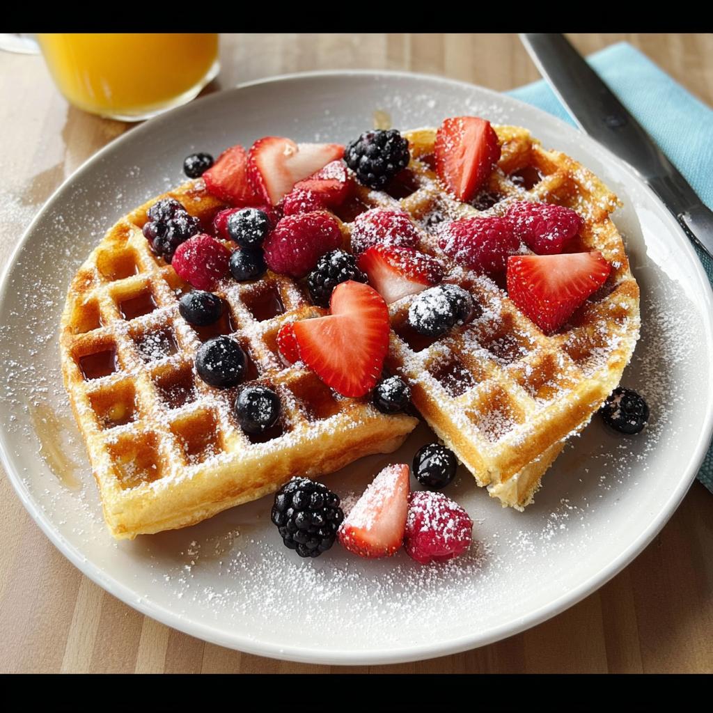 Two golden waffles topped with fresh strawberries, blueberries, raspberries, and blackberries, dusted with powdered sugar.