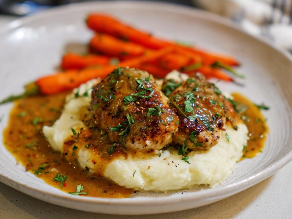 Creamy Herb Chicken with Mashed Potatoes & Glazed Carrots - Featured