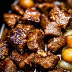 High Protein Slow Cooker Garlic Butter Beef Bites - Featured