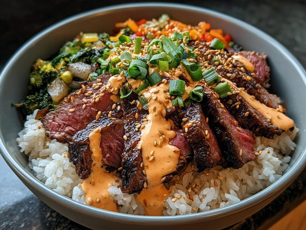Korean BBQ Steak Rice Bowls with Spicy Cream Sauce - Featured