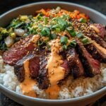 Korean BBQ Steak Rice Bowls with Spicy Cream Sauce - Featured