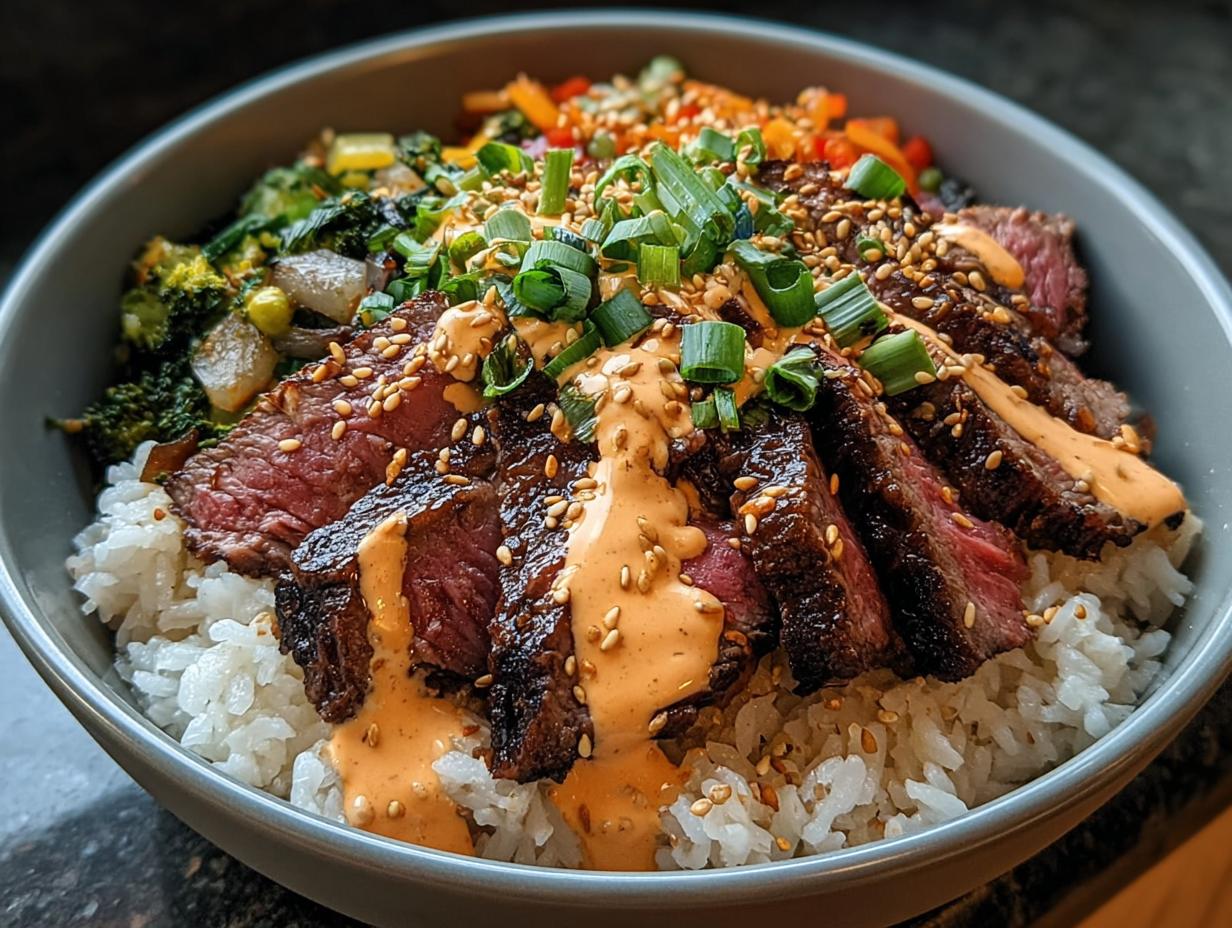 Korean BBQ Steak Rice Bowls with Spicy Cream Sauce - Featured