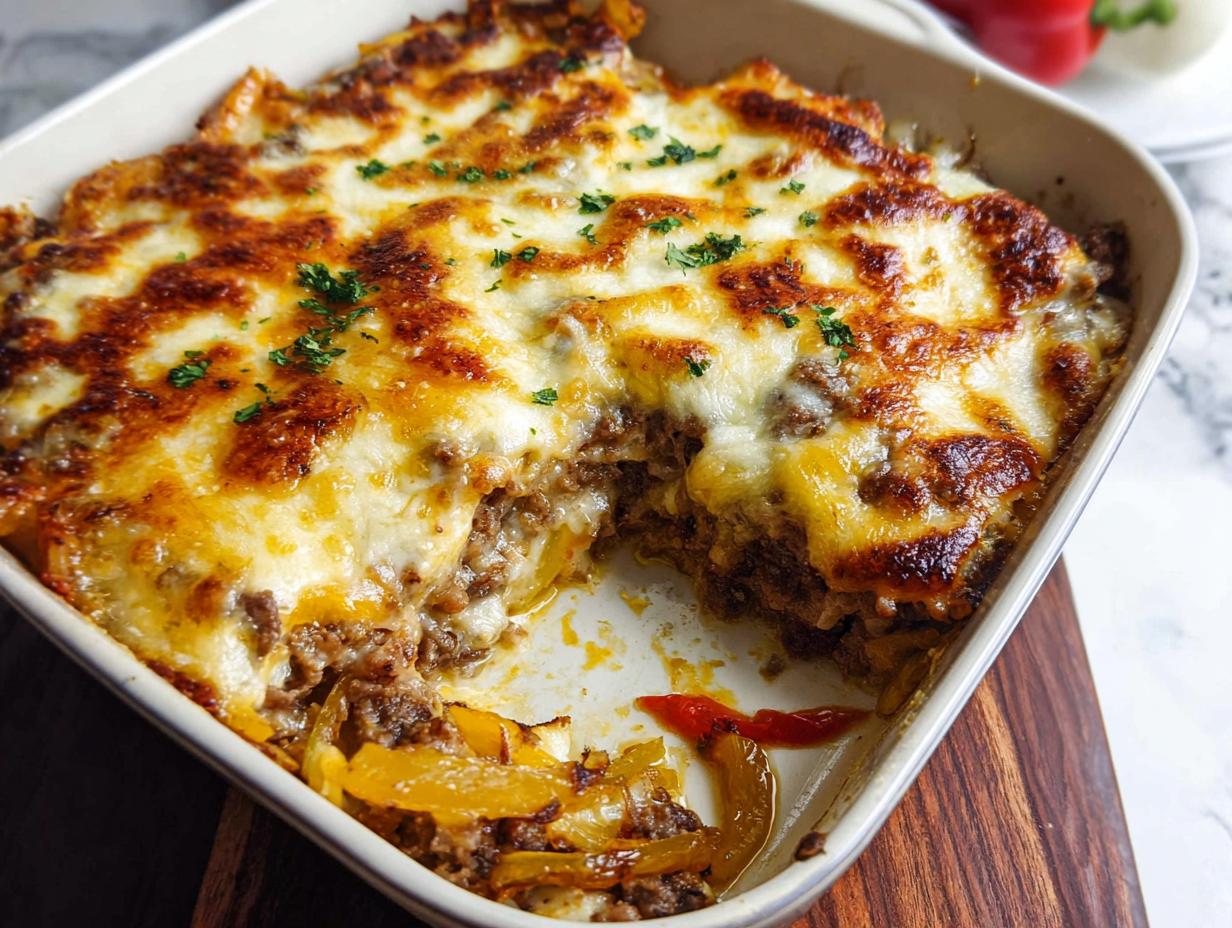 Low Carb Philly Cheesesteak Casserole - Featured