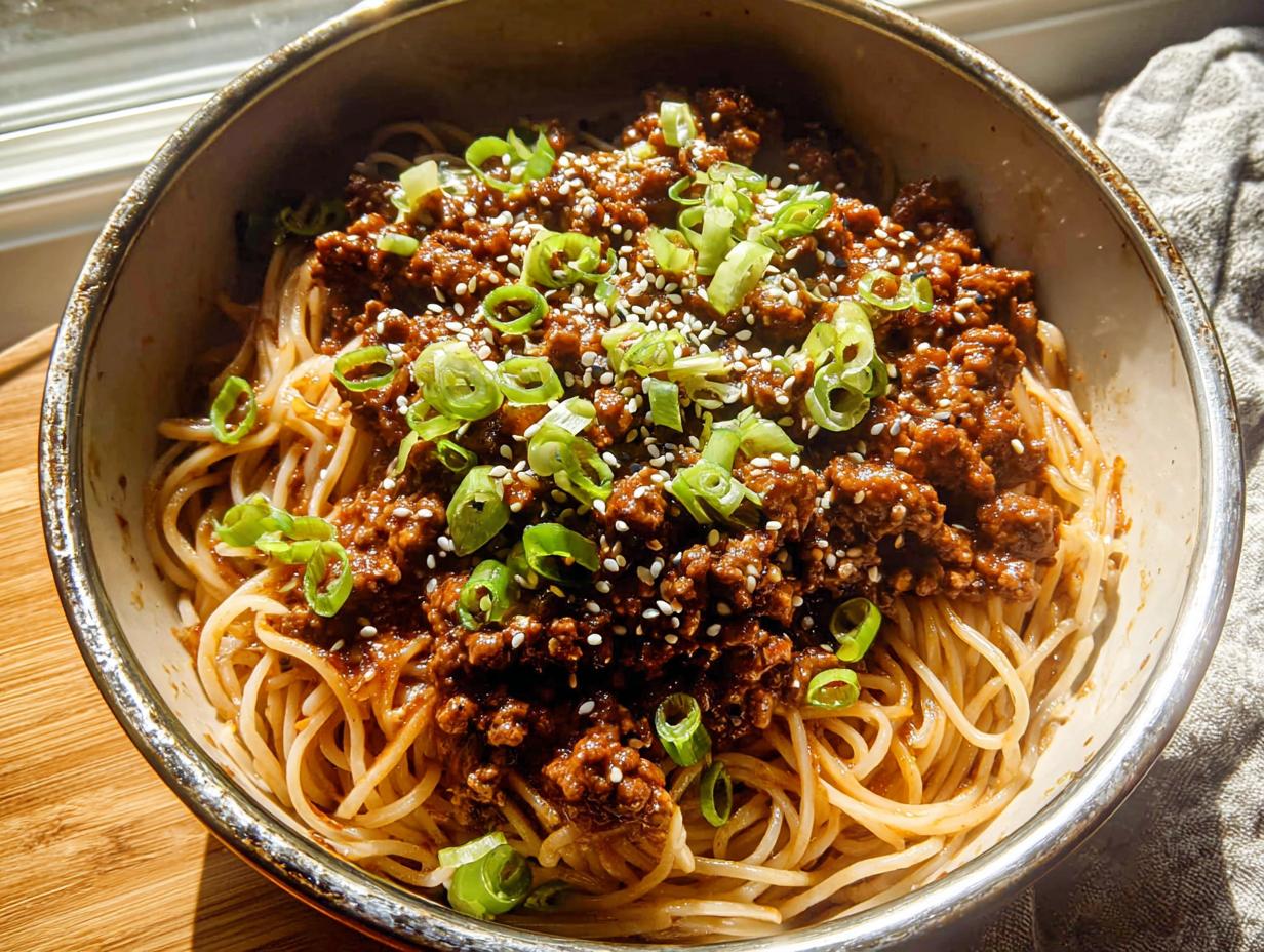 Mongolian Ground Beef Noodles Recipe - Featured