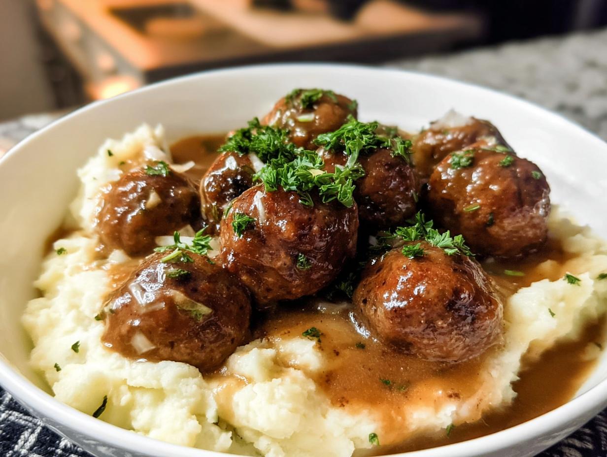 Salisbury Steak Meatballs with Garlic Herb Mashed Potatoes - Featured