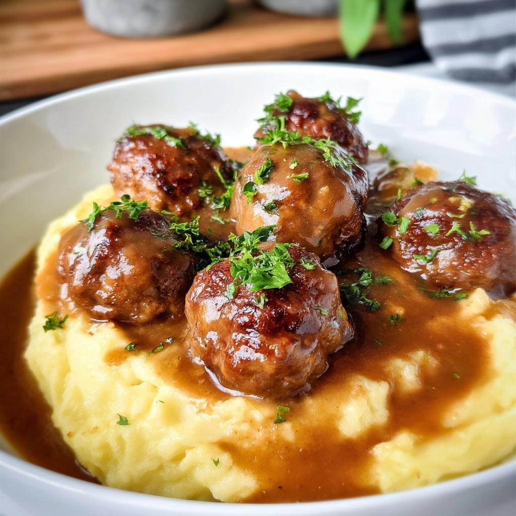Salisbury Steak Meatballs with Garlic Herb Mashed Potatoes - Tasty