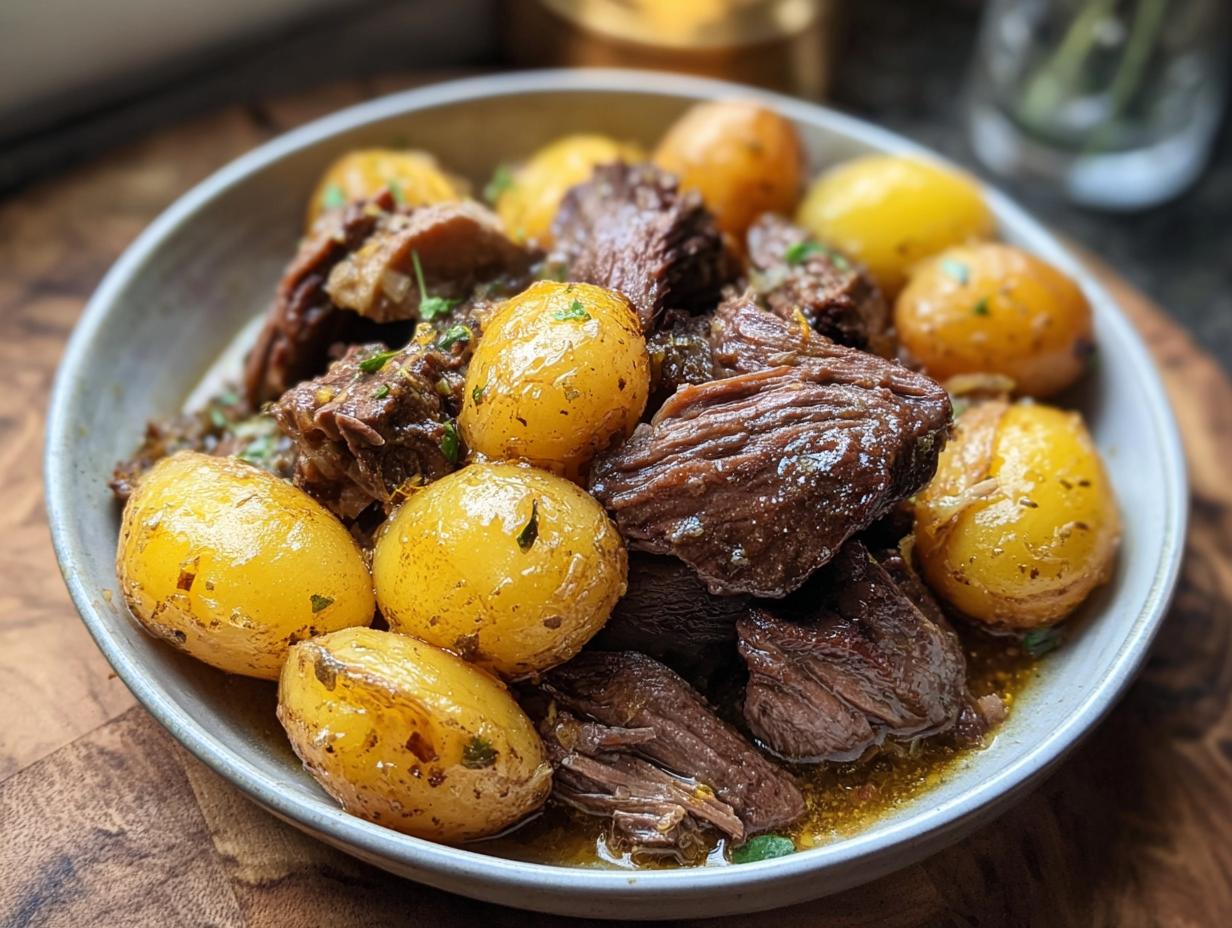 Slow Cooker Garlic Butter Beef with Potatoes - Featured