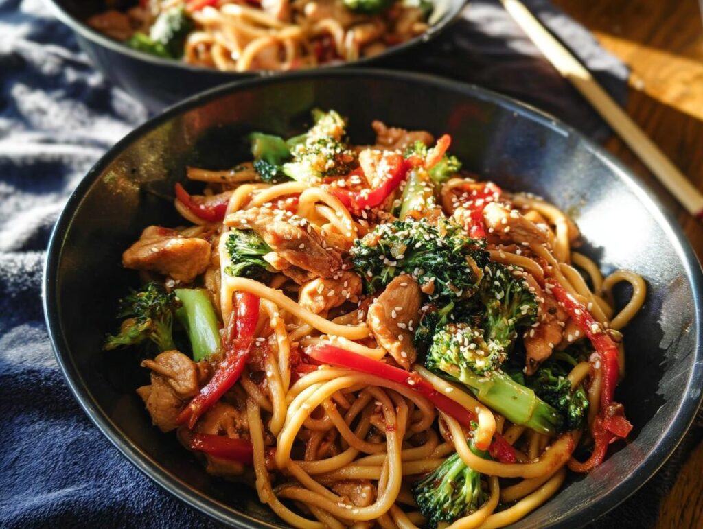 Spicy Garlic Chicken and Broccoli Noodle Bowls - Featured