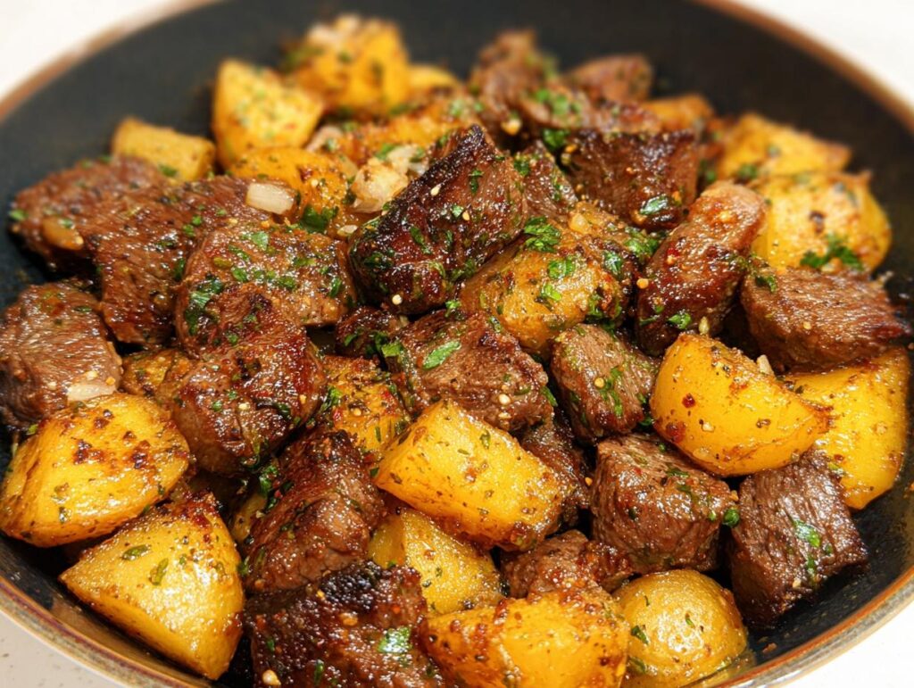 The best Garlic Steak Bites and Potatoes Recipe - Featured