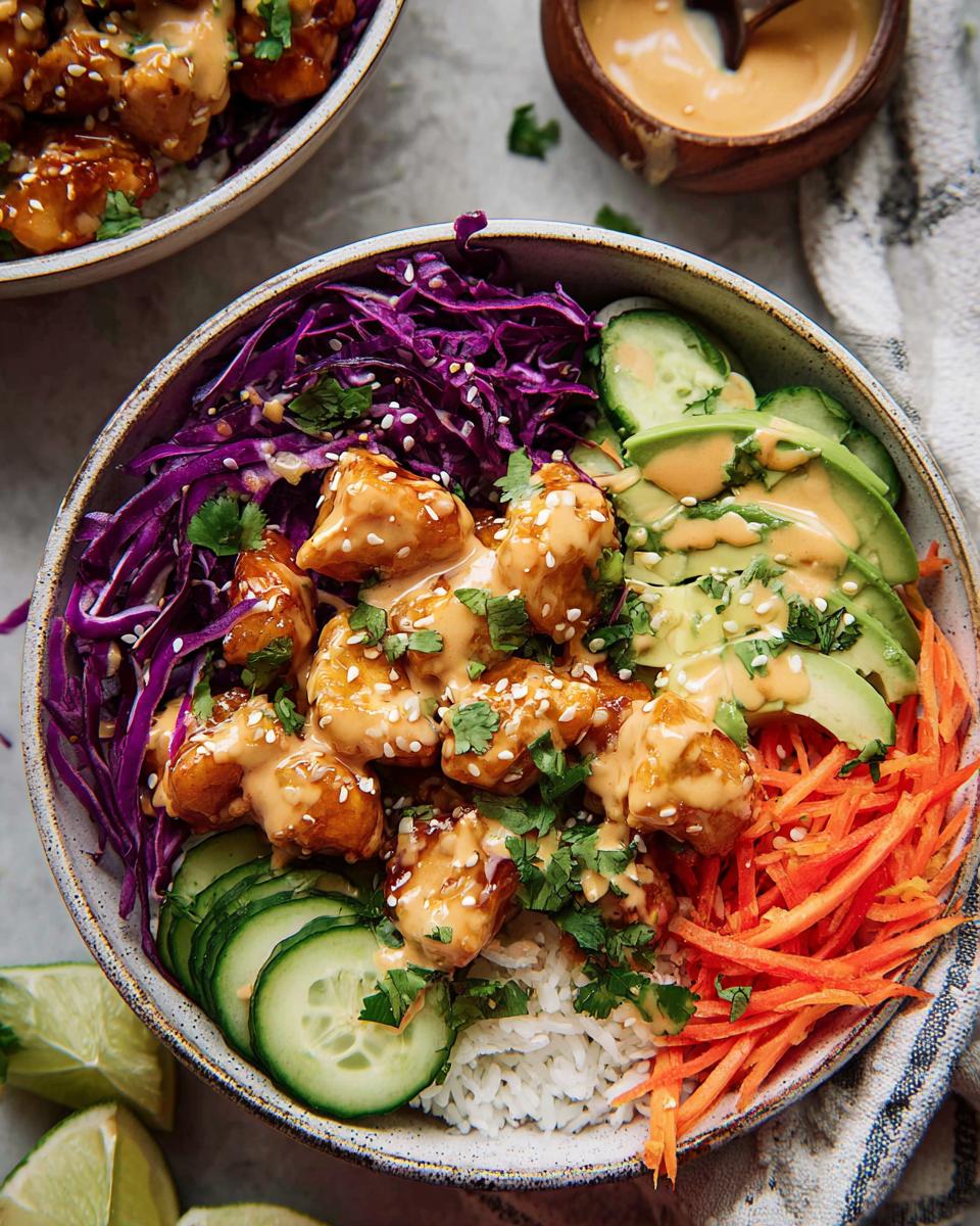 A vibrant Bang Bang Chicken Bowl filled with rice, chicken, avocado, cucumber, shredded carrots, and red cabbage, drizzled with sauce.