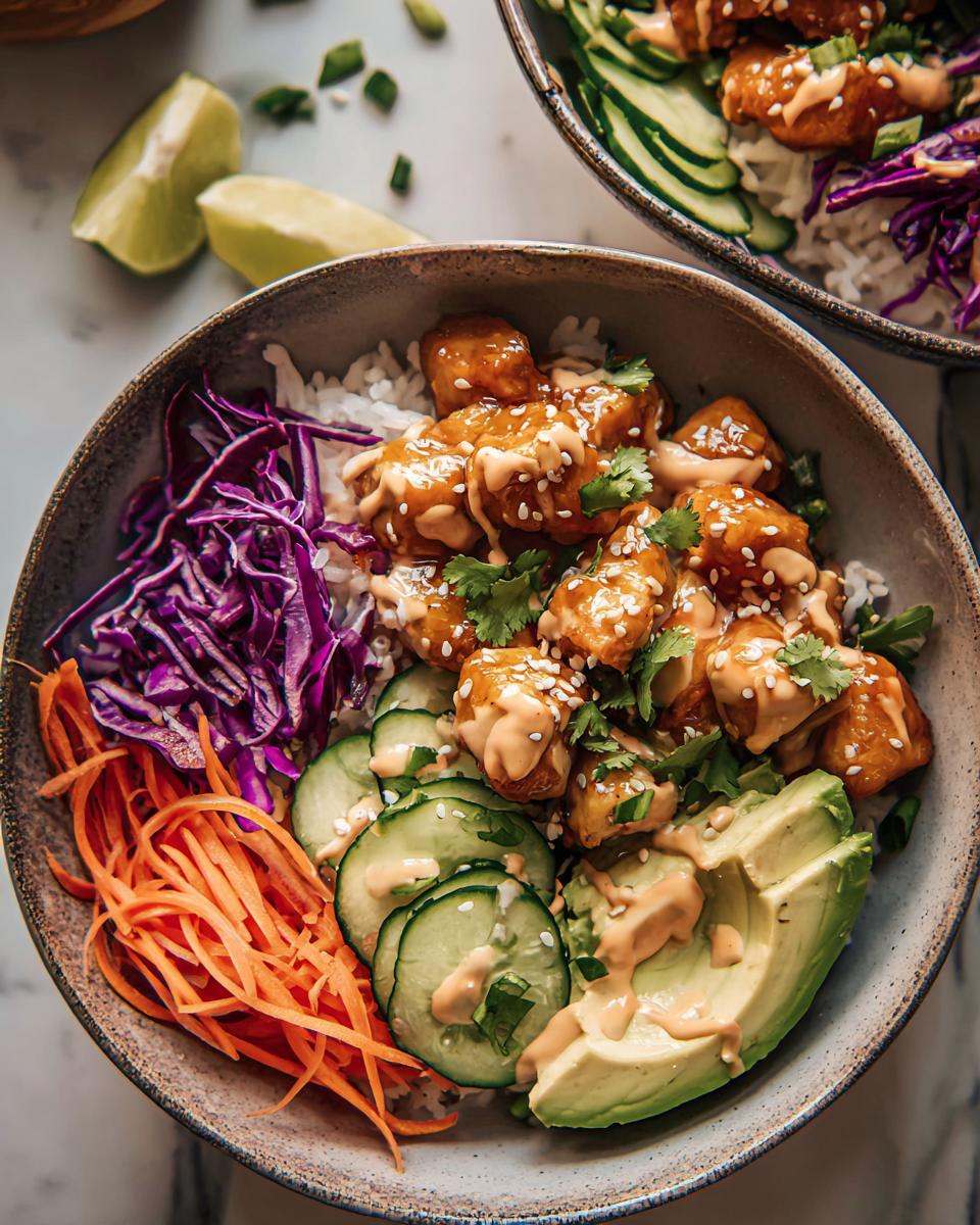 A vibrant Bang Bang Chicken Bowl with crispy chicken, rice, avocado, cucumber, shredded carrots, and red cabbage, drizzled with sauce.