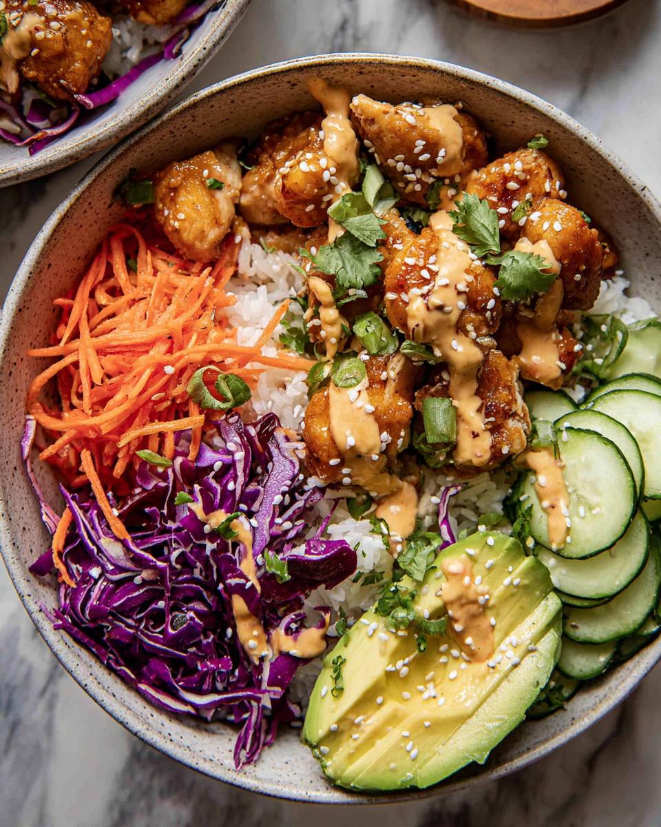 A close-up of a Bang Bang Chicken Bowl featuring crispy chicken, rice, shredded carrots, red cabbage, cucumber, and avocado, drizzled with sauce.