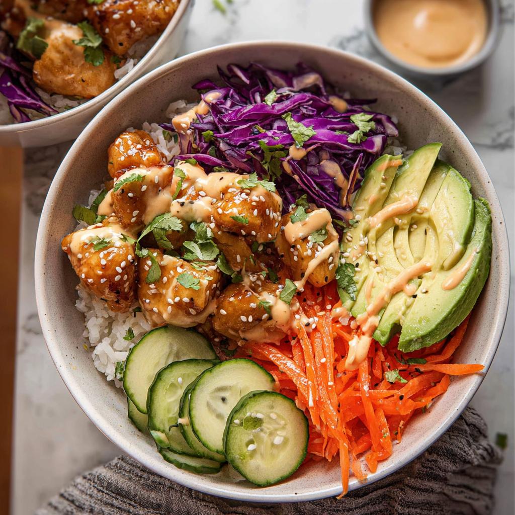 A close-up of a Bang Bang Chicken Bowl featuring crispy chicken, rice, avocado, shredded carrots, cucumber, and red cabbage, drizzled with sauce.