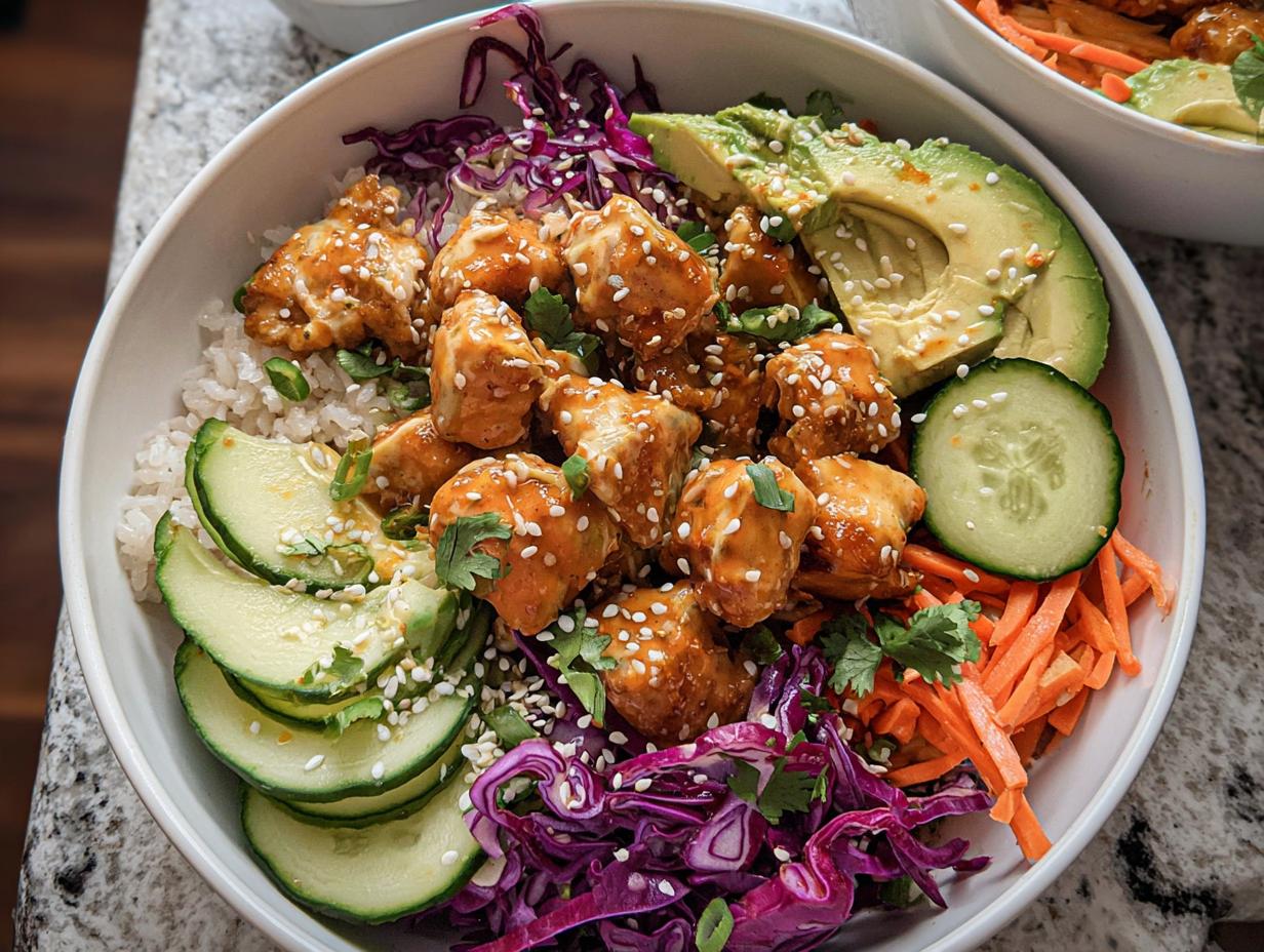 A close-up of a Bang Bang Chicken Bowl filled with rice, glazed chicken, avocado, cucumber, shredded carrots, and red cabbage.