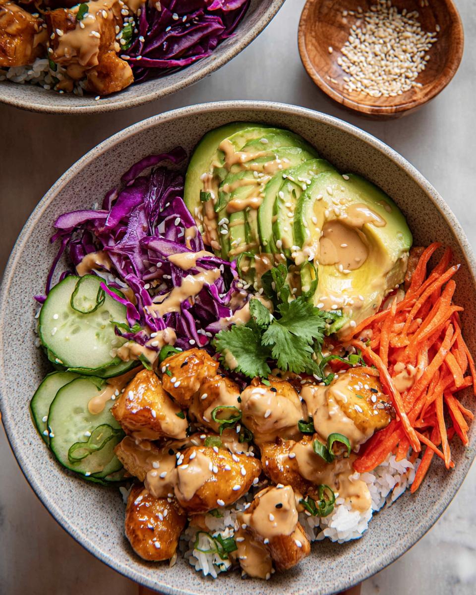 A vibrant Bang Bang Chicken Bowl featuring crispy chicken pieces, avocado, shredded red cabbage, cucumber slices, and shredded carrots over rice, drizzled with sauce.