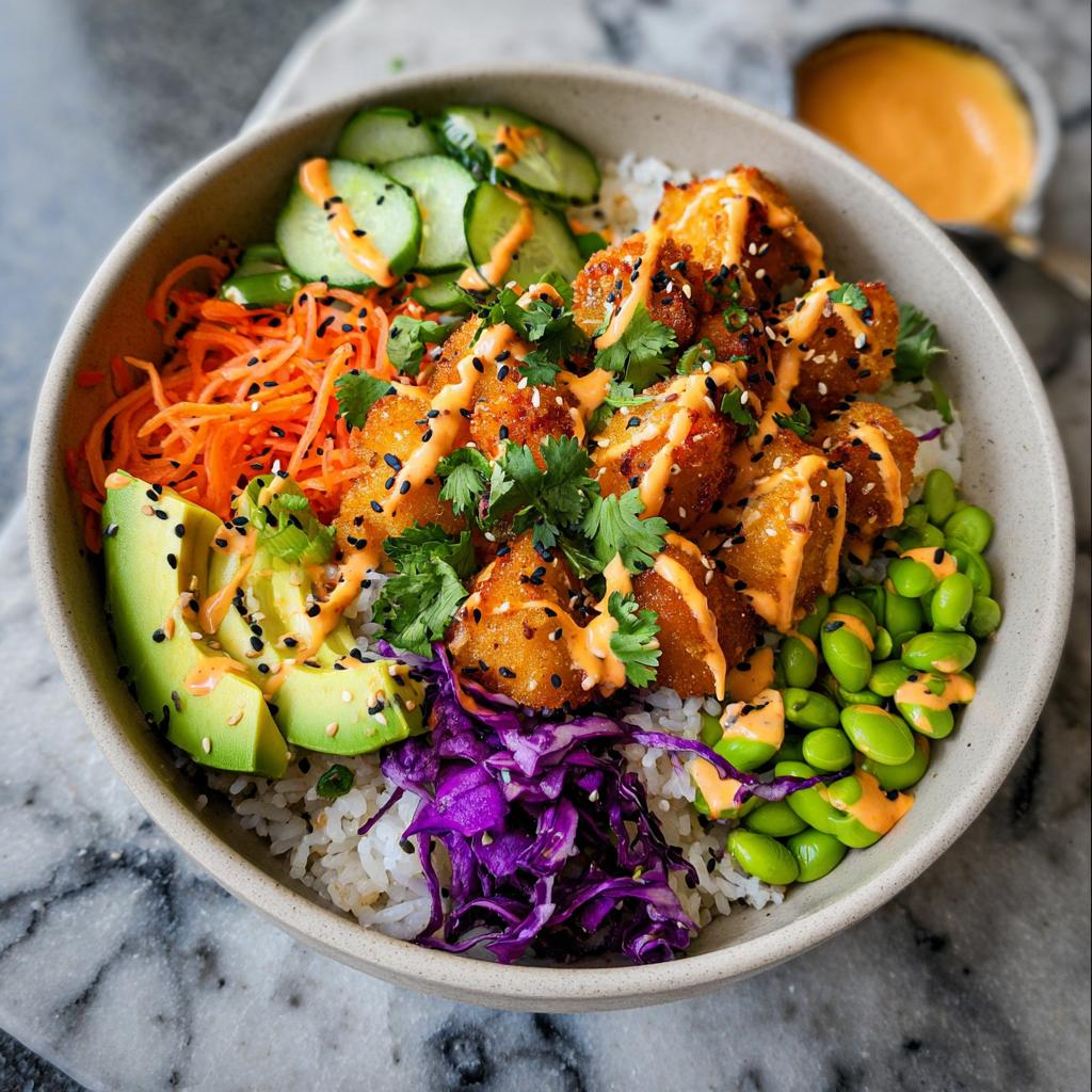 A vibrant bowl of Bang Bang Salmon Bites with rice, avocado, edamame, shredded carrots, cucumber, and purple cabbage, drizzled with sauce.