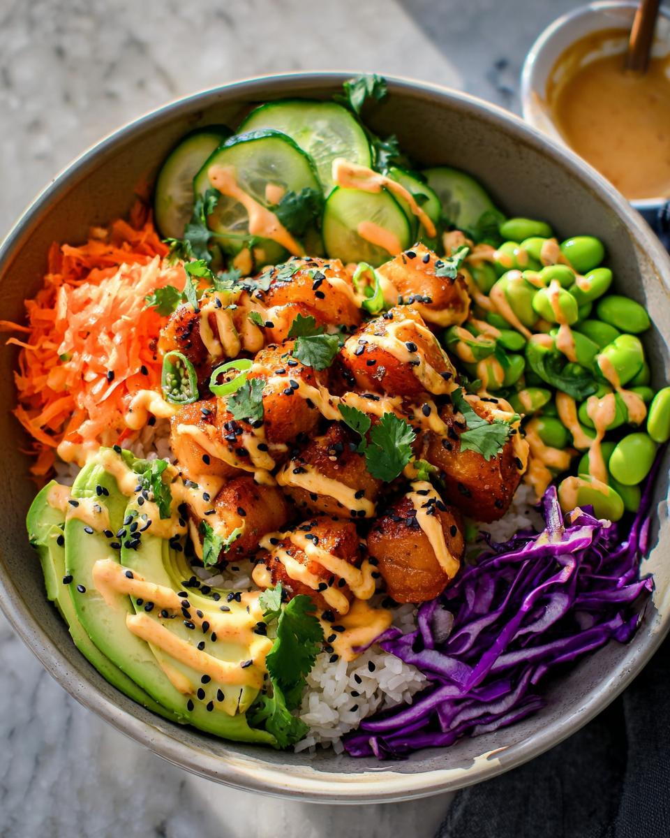 A close-up of a vibrant Bang Bang Salmon Bites Bowl filled with rice, salmon bites, avocado, cucumber, edamame, and shredded carrots, drizzled with sauce.