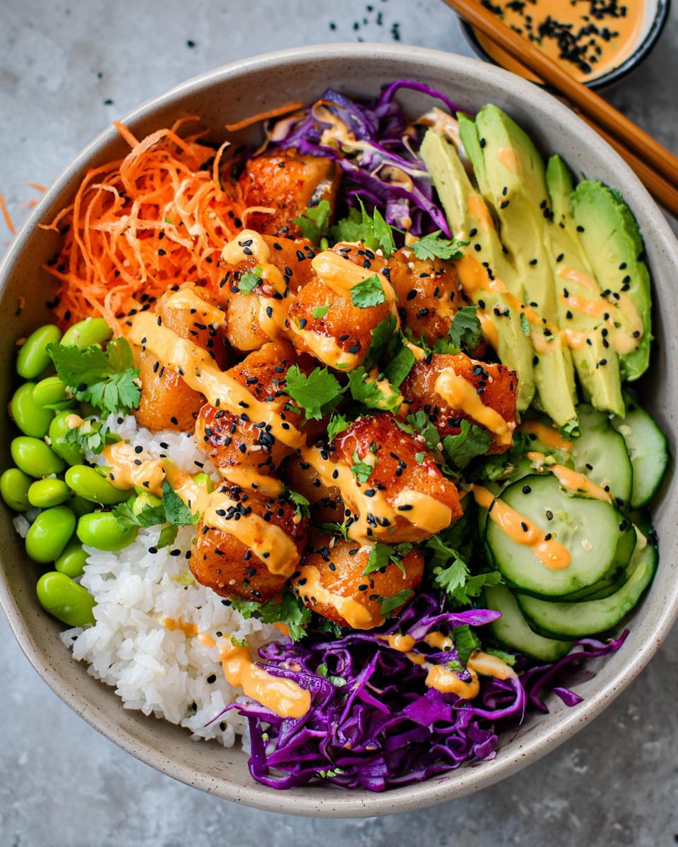 A vibrant bowl of Bang Bang Salmon Bites with rice, edamame, avocado, cucumber, shredded carrots, and red cabbage, drizzled with sauce.