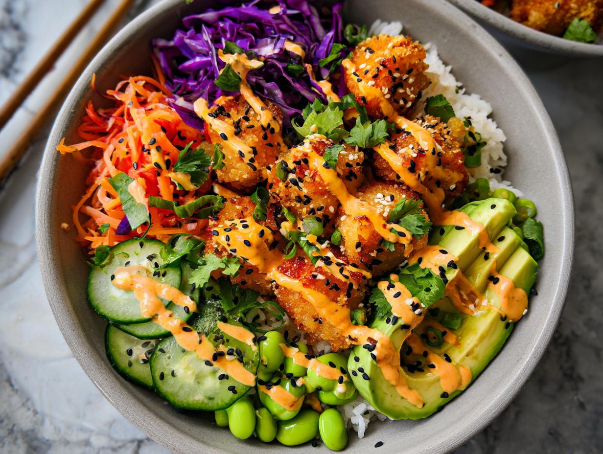 A vibrant bowl filled with rice, crispy salmon bites, avocado, cucumber, edamame, shredded carrots, and red cabbage, drizzled with Bang Bang sauce.