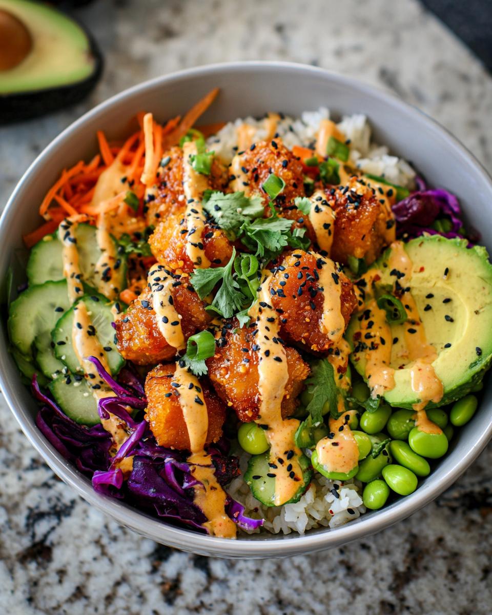 A close-up of a Bang Bang Salmon Bites Bowl with rice, avocado, cucumber, carrots, edamame, and red cabbage, drizzled with sauce.