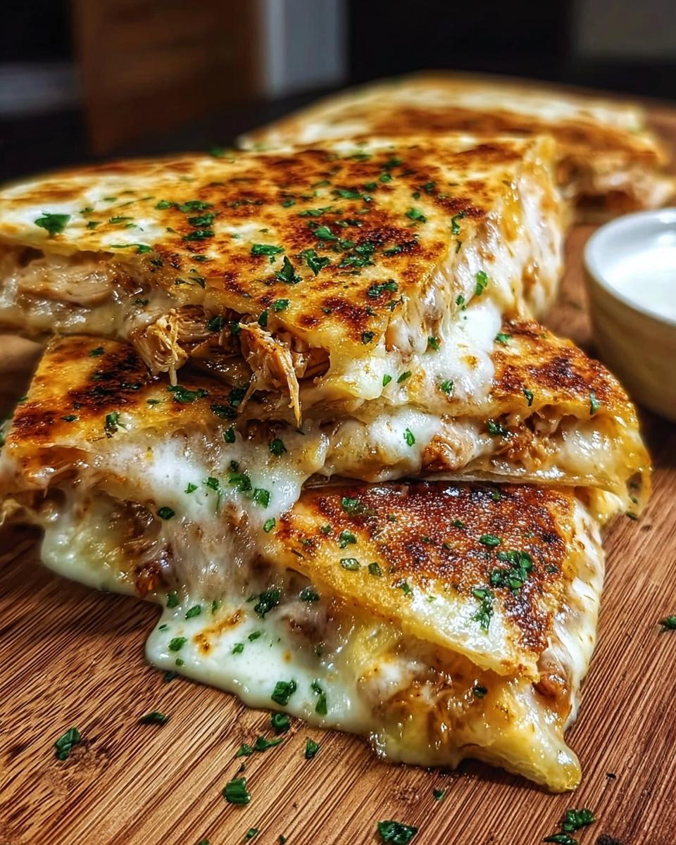 Close-up of Cheesy Hot Honey Chicken Quesadillas, oozing with melted cheese and sprinkled with parsley.