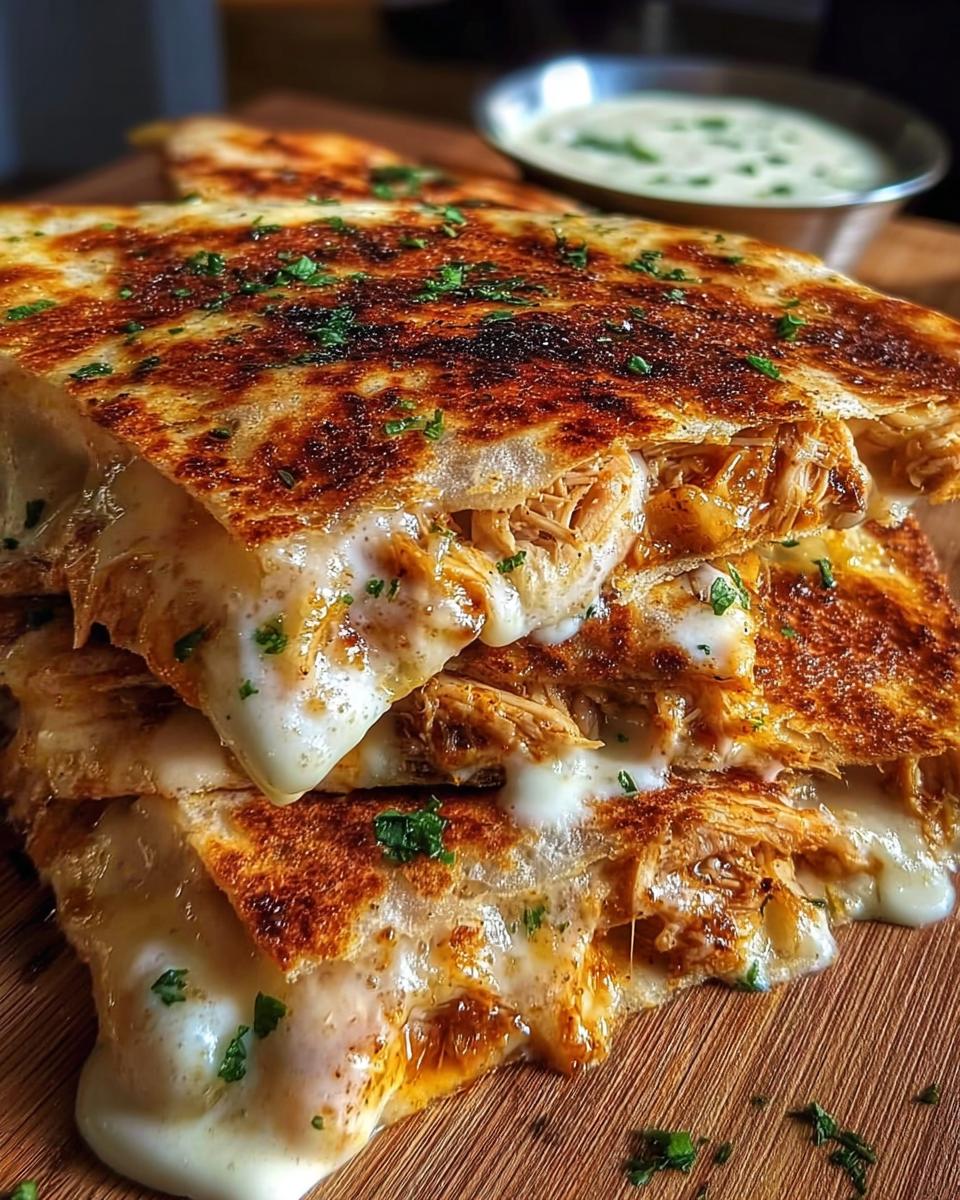 Close-up of Cheesy Hot Honey Chicken Quesadillas, oozing with melted cheese and garnished with parsley.