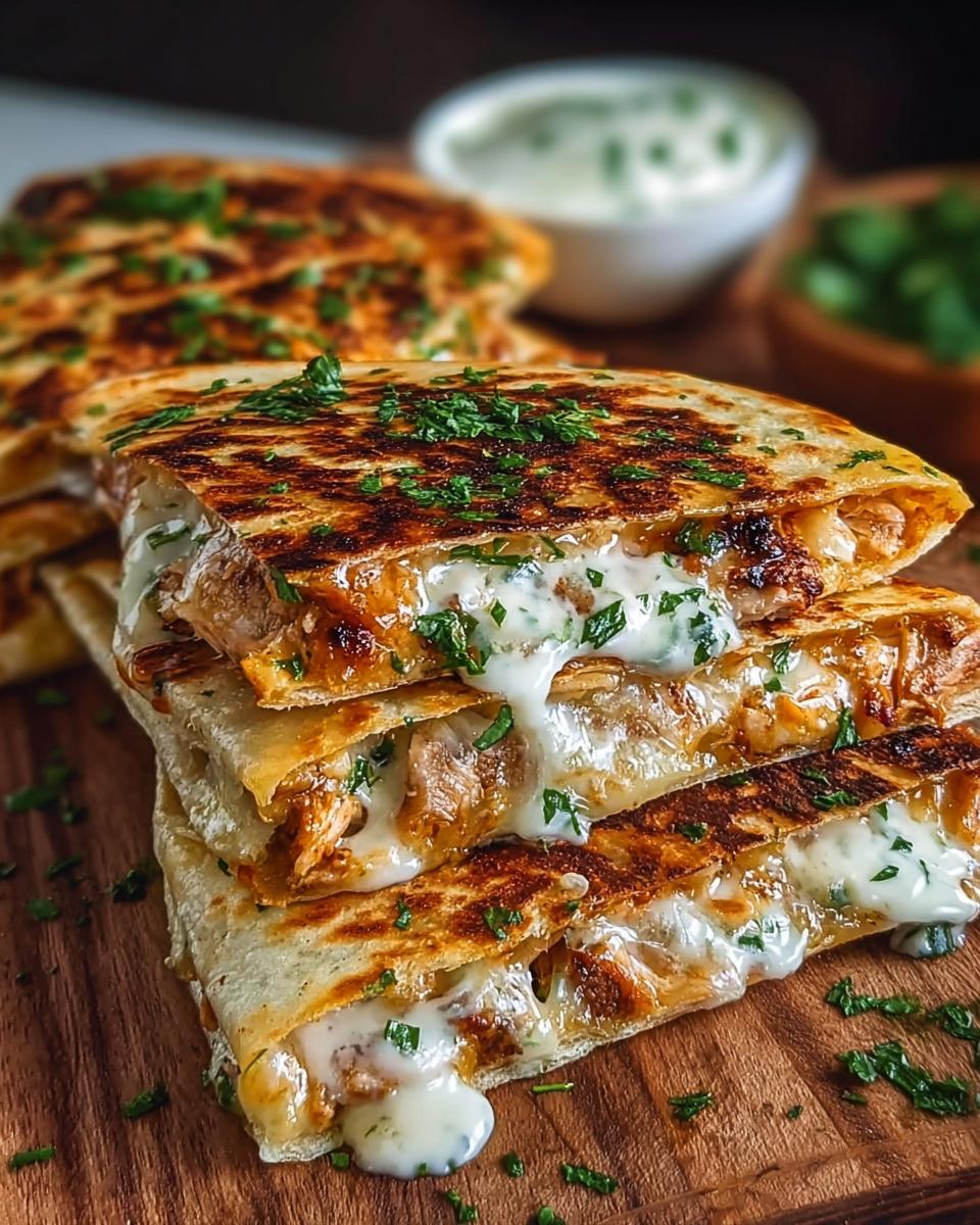 Stack of Cheesy Hot Honey Chicken Quesadillas drizzled with sauce and topped with parsley.