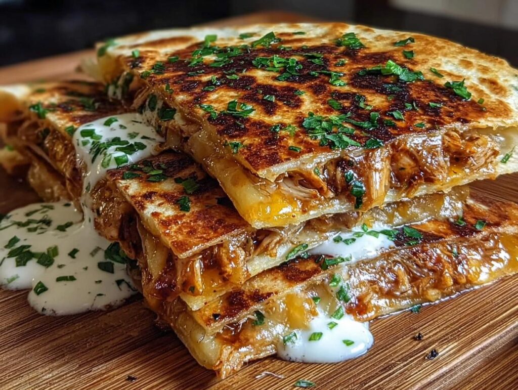 A stack of Cheesy Hot Honey Chicken Quesadillas drizzled with sauce and topped with parsley.