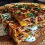 A stack of Cheesy Hot Honey Chicken Quesadillas drizzled with sauce and topped with parsley.