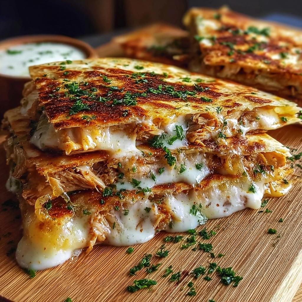 Close-up of Cheesy Hot Honey Chicken Quesadillas, with melted cheese oozing out and sprinkled with parsley.