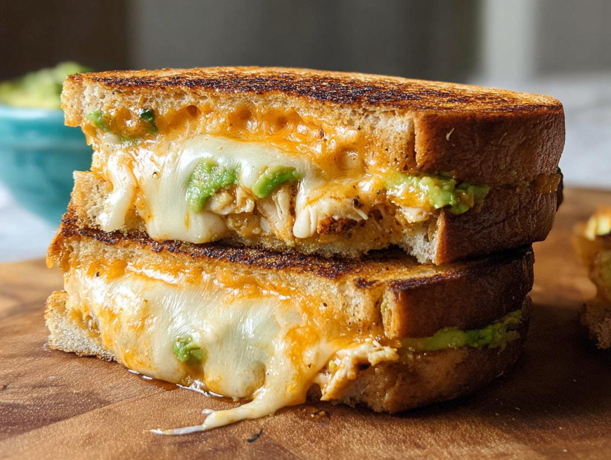 A delicious Chicken Avocado Melt Sandwich stacked, with melted cheese oozing out.
