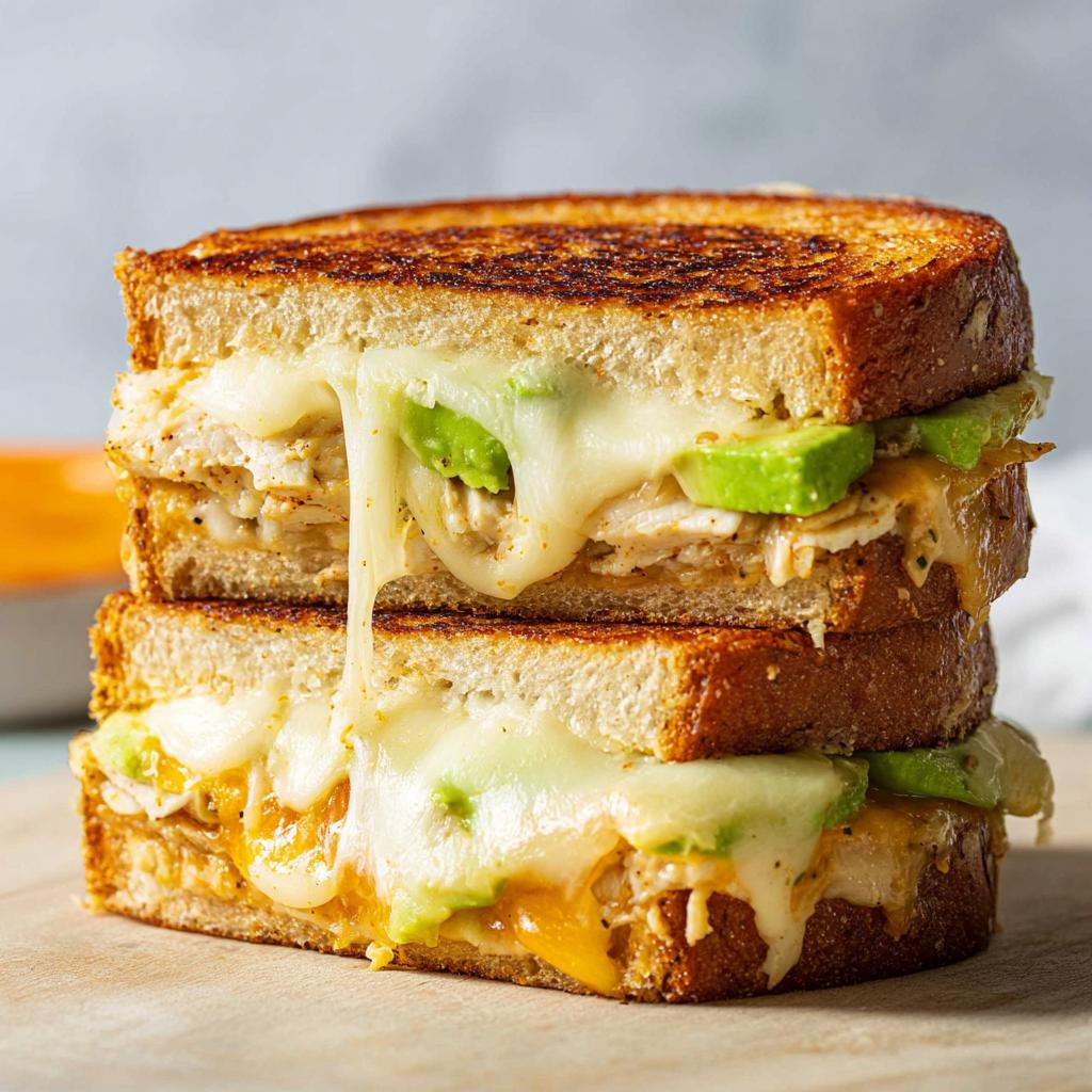 A stacked Chicken Avocado Melt Sandwich with melted cheese oozing out, showing avocado slices and grilled bread.