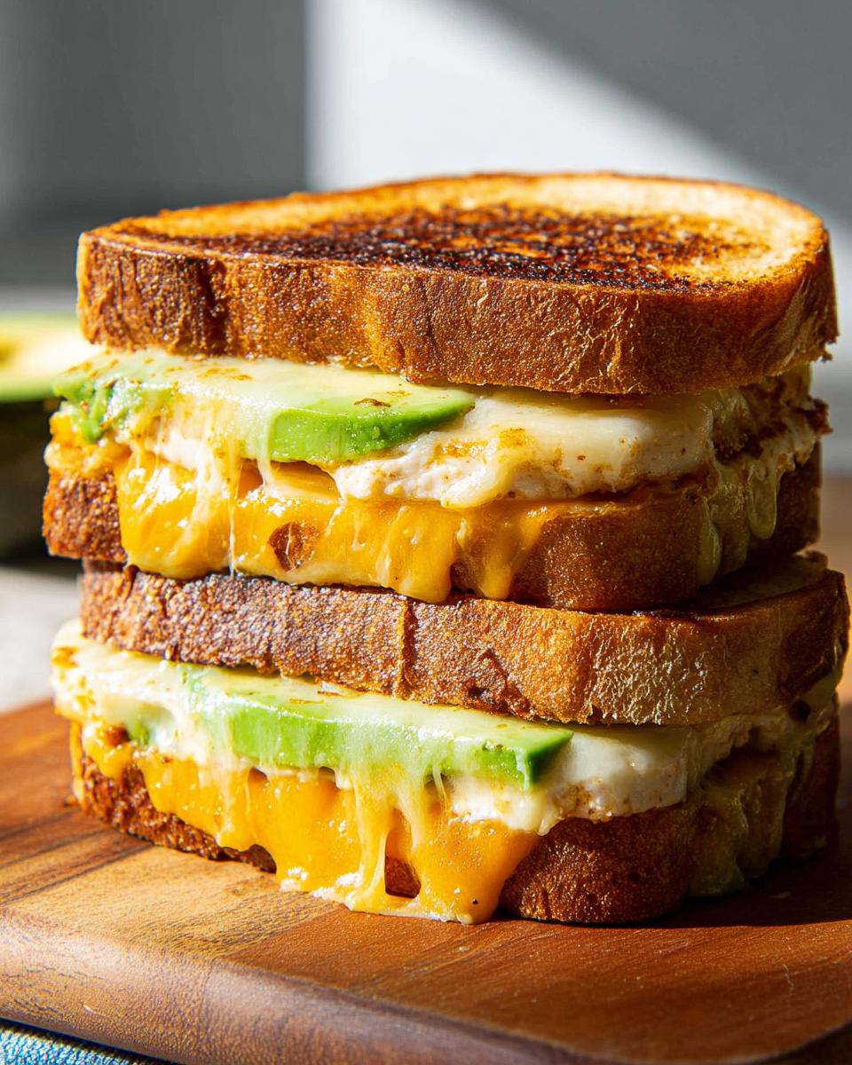 Close-up of a stacked CHICKEN AVOCADO MELT SANDWICH with melted cheese and avocado slices.
