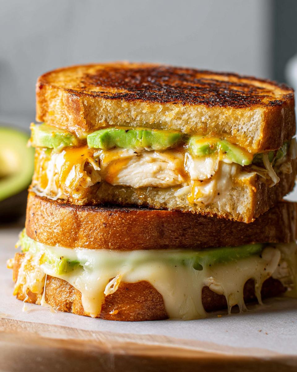 A close-up, stacked CHICKEN AVOCADO MELT SANDWICH with melted cheese, avocado slices, and grilled chicken.