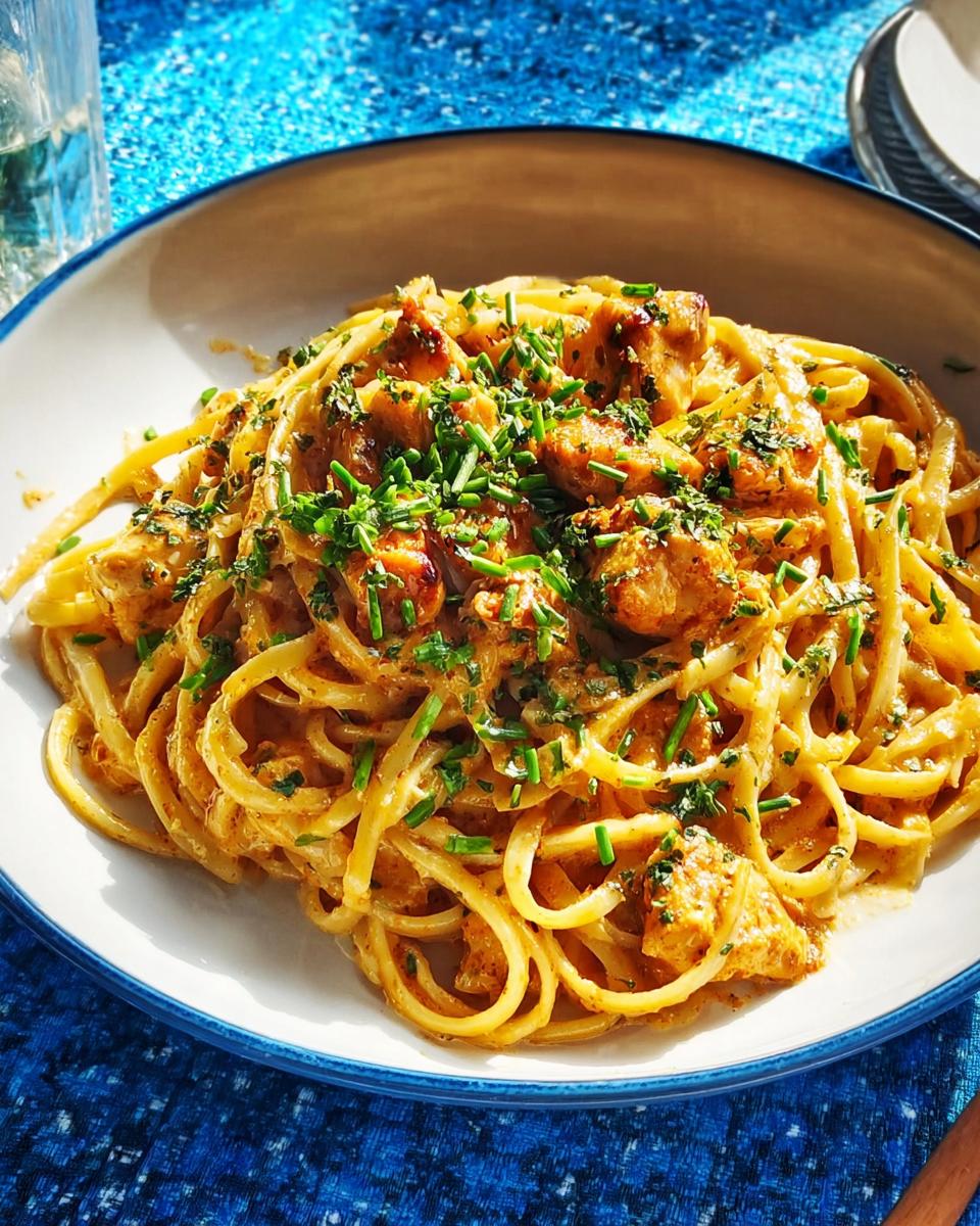 A close-up of Cowboy Butter Chicken Pasta, featuring linguine noodles coated in a creamy sauce with tender chicken pieces and fresh chives.