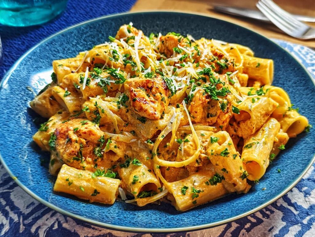 A close-up of Cowboy Butter Chicken Pasta, featuring rigatoni pasta in a creamy orange sauce with chicken pieces and parsley.